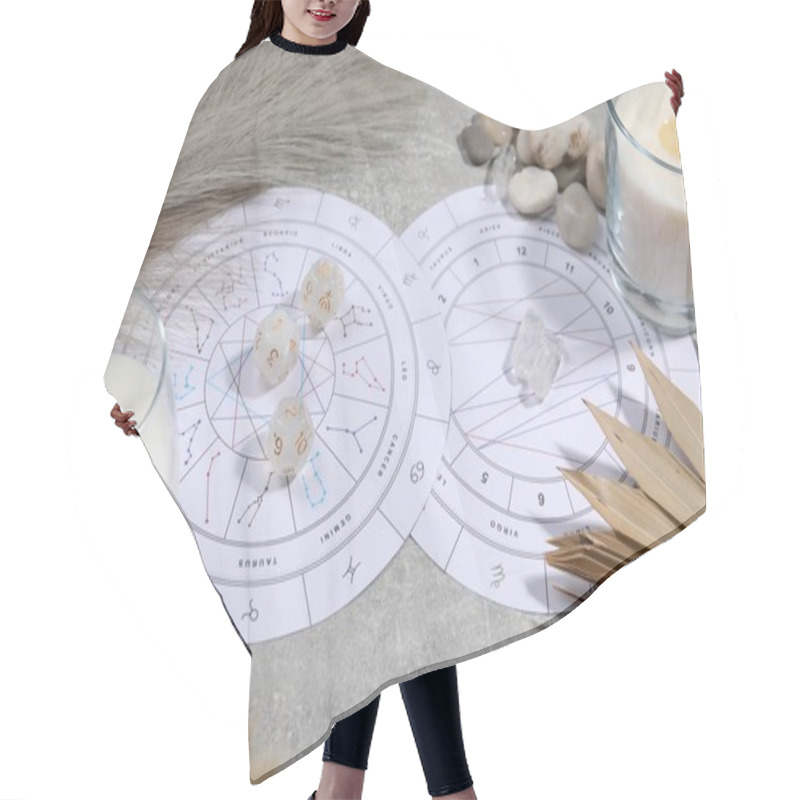 Personality  Zodiac Wheel, Natal Chart, Burning Candles, Astrology Dices And Stones On Grey Table Hair Cutting Cape