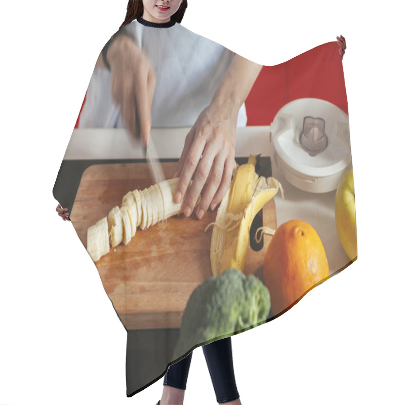 Personality  Young Woman In A Kitchen Hair Cutting Cape