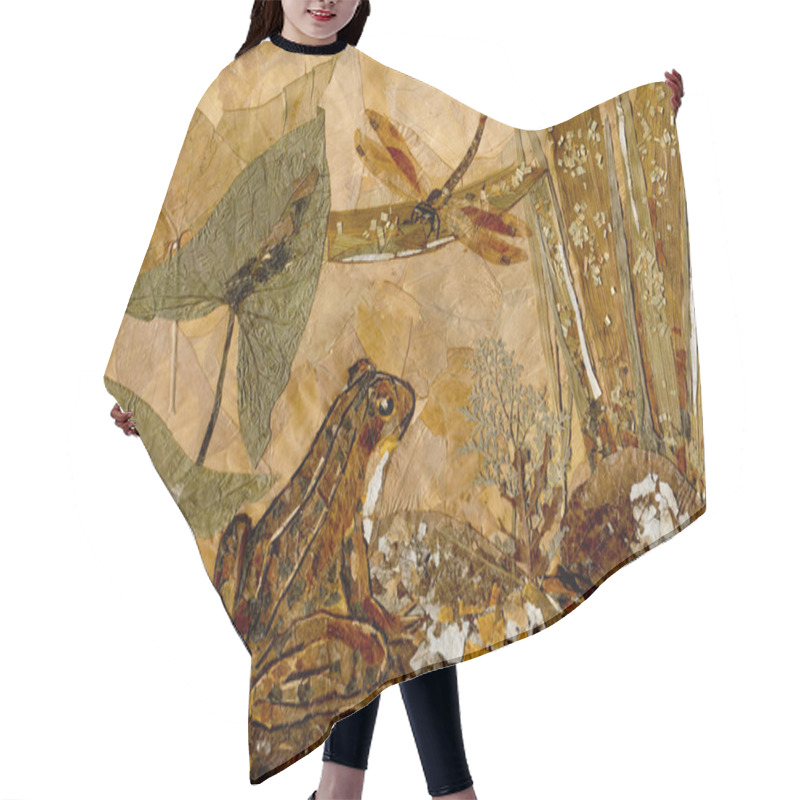 Personality  Frog And Dragonfly. Dried Leaves Picture. Hair Cutting Cape