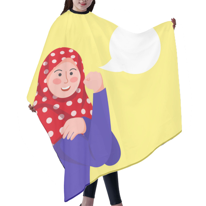 Personality  Hijab Girl Poses We Can Do It, Inspired By Rosie The Riveter With Blank Baloon Text Vector Cartoon Illustration Hair Cutting Cape