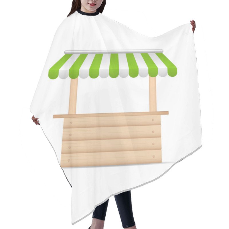 Personality  Wooden Market Stand Stall With Green And White Sunshade. Mock Up Of Wooden Counter With Canopy For Street Trading, Wooden Counter, Kiosk, Stand. Vector Illustration. Hair Cutting Cape