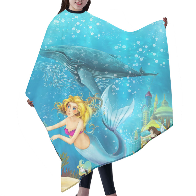 Personality  Cartoon Ocean And The Mermaid In Underwater Kingdom Swimming With Whales - Illustration For Children Hair Cutting Cape