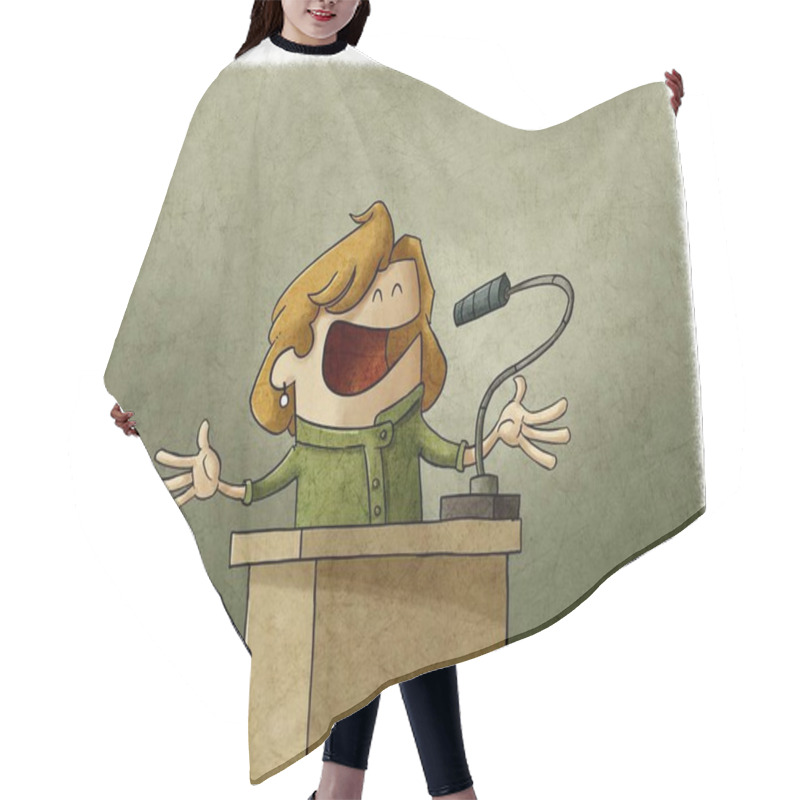 Personality  Illustration Of Businesswoman Or Politician Is Giving A Campaign Speech, She Is Serene And Calm. Hair Cutting Cape