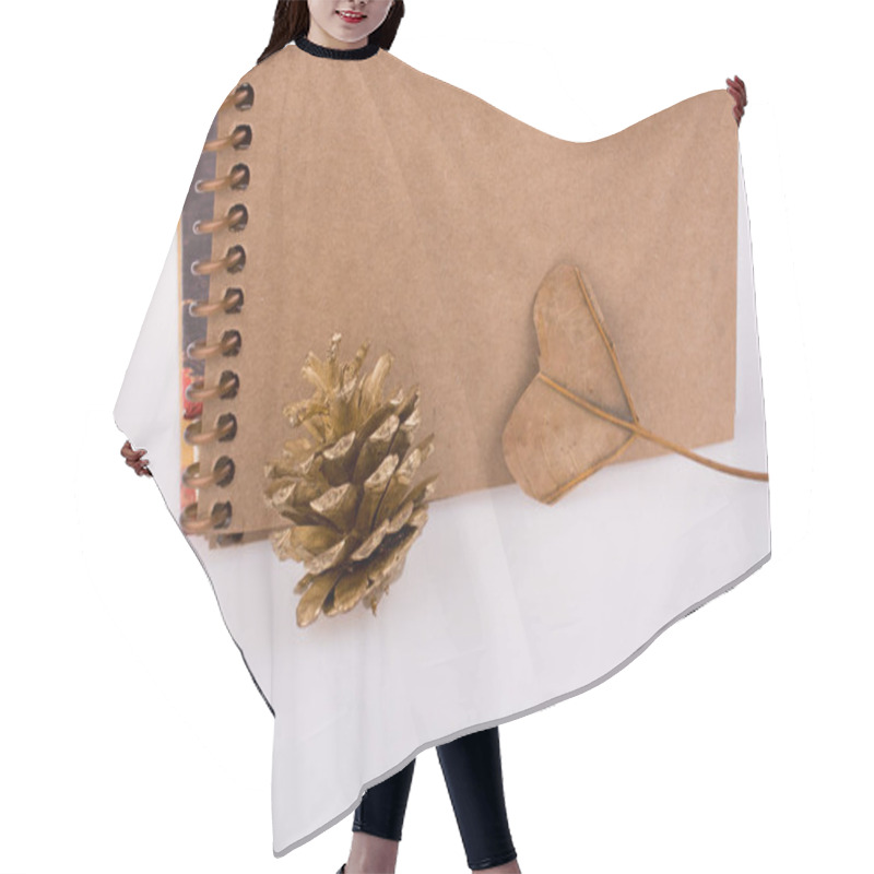 Personality  Heart Shaped Leaf,  Pine Cone And A Notebook On  Hair Cutting Cape