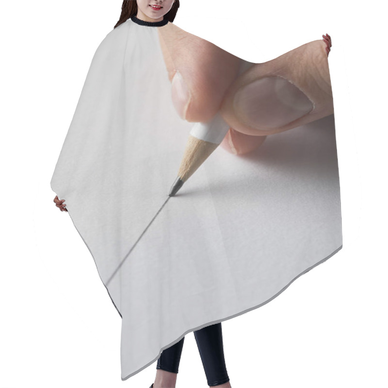 Personality  Cropped View Of Man Drawing Line On Paper With Pencil  Hair Cutting Cape