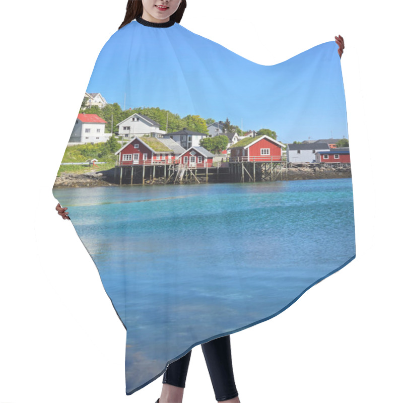 Personality  Colorful Cabins Rest On Stilts Above Clear Waters, While Lush Greenery And A Clear Blue Sky Create A Serene Coastal Atmosphere. Lofoten Norway  Hair Cutting Cape