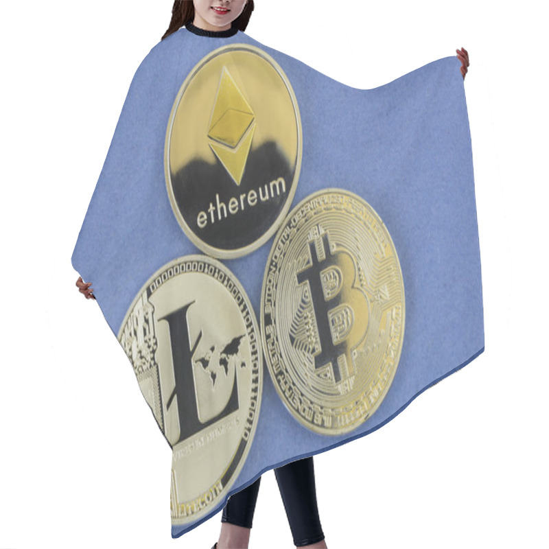 Personality  Litecoin, Bitcoin And Ethereum Lie On Blue Background Hair Cutting Cape