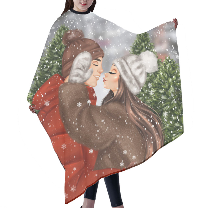 Personality  Boy And Girl On Christmas Tree Market. Hand Drawn Winter Illustration Hair Cutting Cape