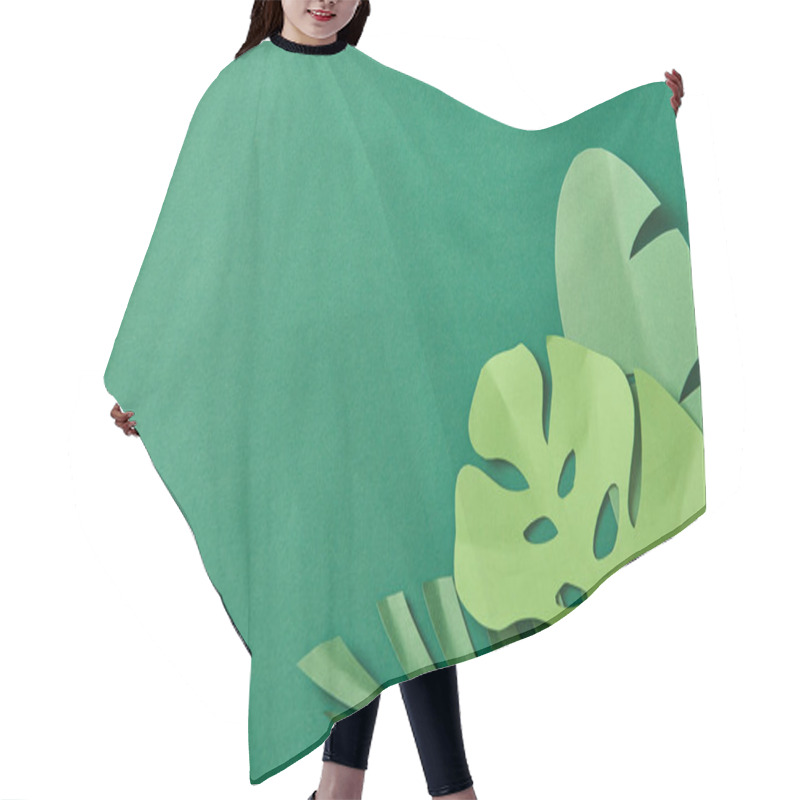 Personality  Top View Of Exotic Paper Cut Palm Leaves On Green Background With Copy Space Hair Cutting Cape