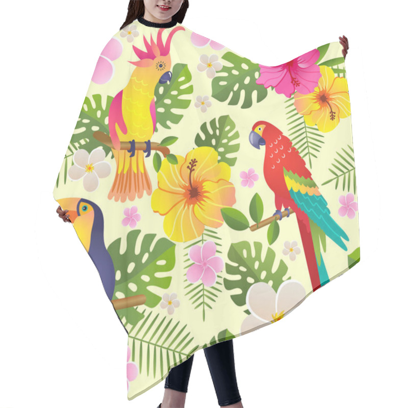 Personality  Toucan And Parrot Sits On A Flowering Branch Vector Illustration Seamless Pattern Hair Cutting Cape