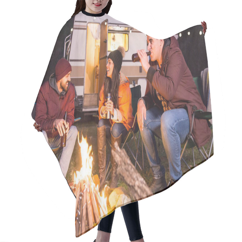 Personality  Cheerful Friends Laughing And Drinking Beer In A Camp Site Hair Cutting Cape