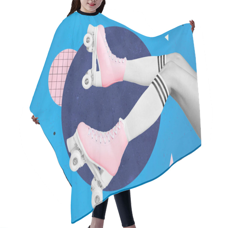 Personality  Creative Collage Picture Of Cropped Woman Legs Wear Roller Skates Isolated On Drawing Painting Blue Background. Hair Cutting Cape