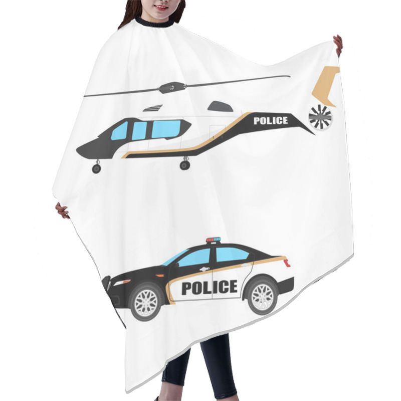 Personality  Police Helicopter And Car Icon. Aircraft Vehicle. Urgency And Emergency Police Services Transport. Raster Illustration  Hair Cutting Cape