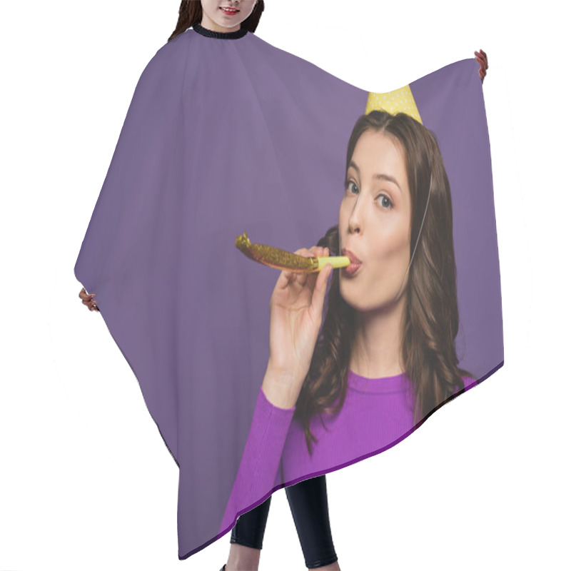 Personality  Cheerful Girl In Party Cap Blowing In Party Horn Isolated On Purple Hair Cutting Cape