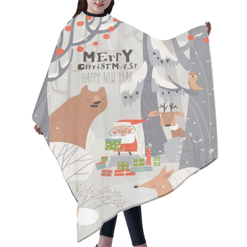 Personality  Cartoon Santa Claus With Animals In The Winter Forest Hair Cutting Cape