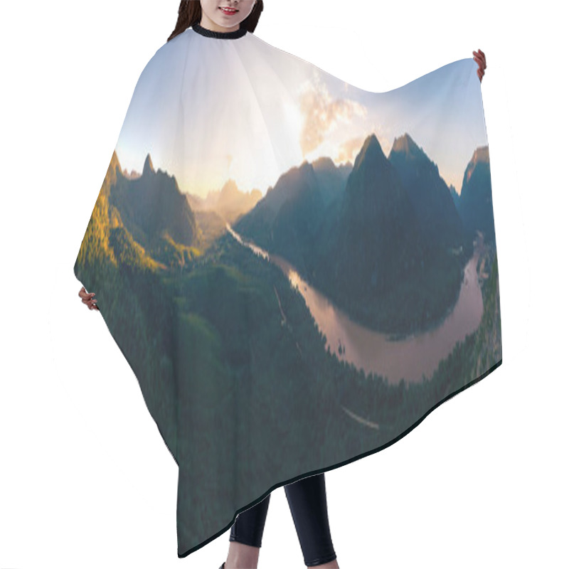 Personality  Aerial Panoramic Nam Ou River Nong Khiaw Muang Ngoi Laos, Sunset Dramatic Sky, Scenic Mountain Landscape, Famous Travel Destination In South East Asia Hair Cutting Cape