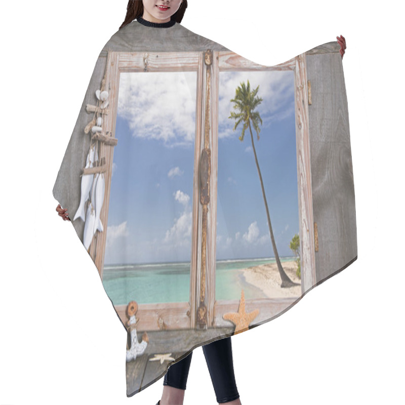 Personality  Holiday In Paradise: Wooden Window Sill With View To The Beach. Hair Cutting Cape