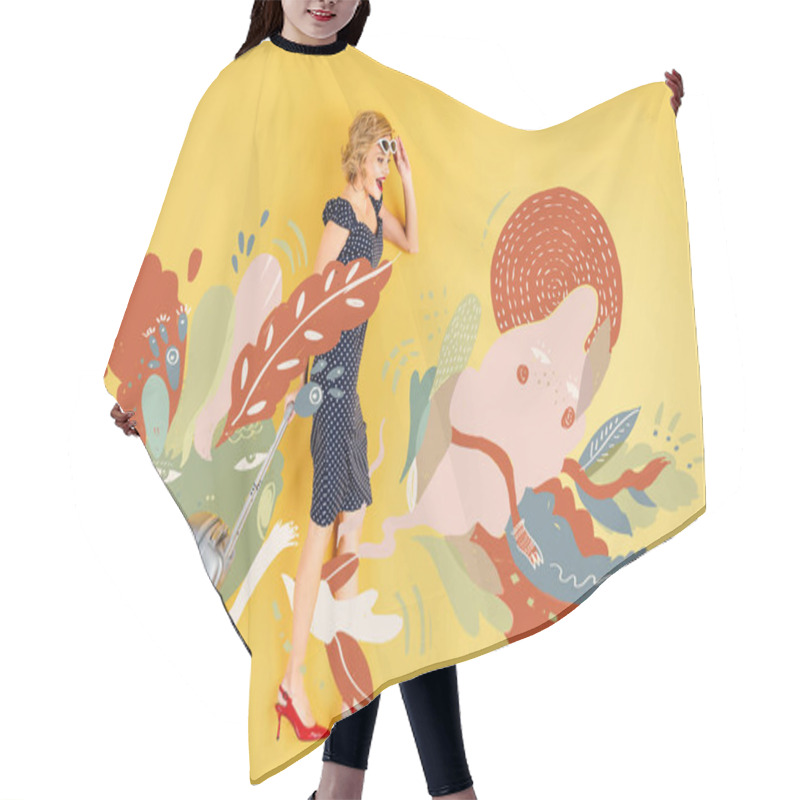 Personality  Top View Of Young Shocked Elegant Woman With Suitcase Lying On Yellow Background With Floral Illustration Hair Cutting Cape