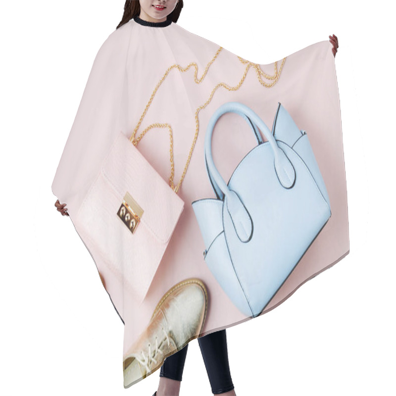 Personality  Fashion Handbags With Shoes On Pale Pink Background. Flat Lay, Top View. Spring/summer Fashion Concept In Pastel Colored Hair Cutting Cape