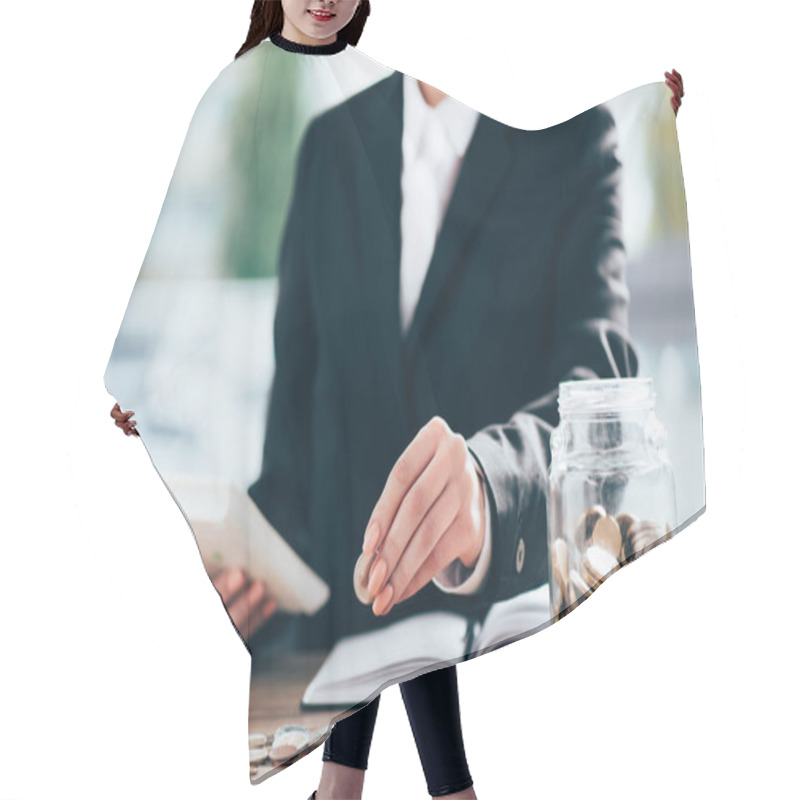 Personality  Cropped Shot Of Businesswoman Working And Putting Coin On Pile Hair Cutting Cape