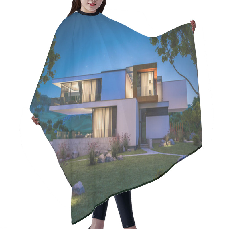 Personality  3d Rendering Of Modern House By The River At Night Hair Cutting Cape