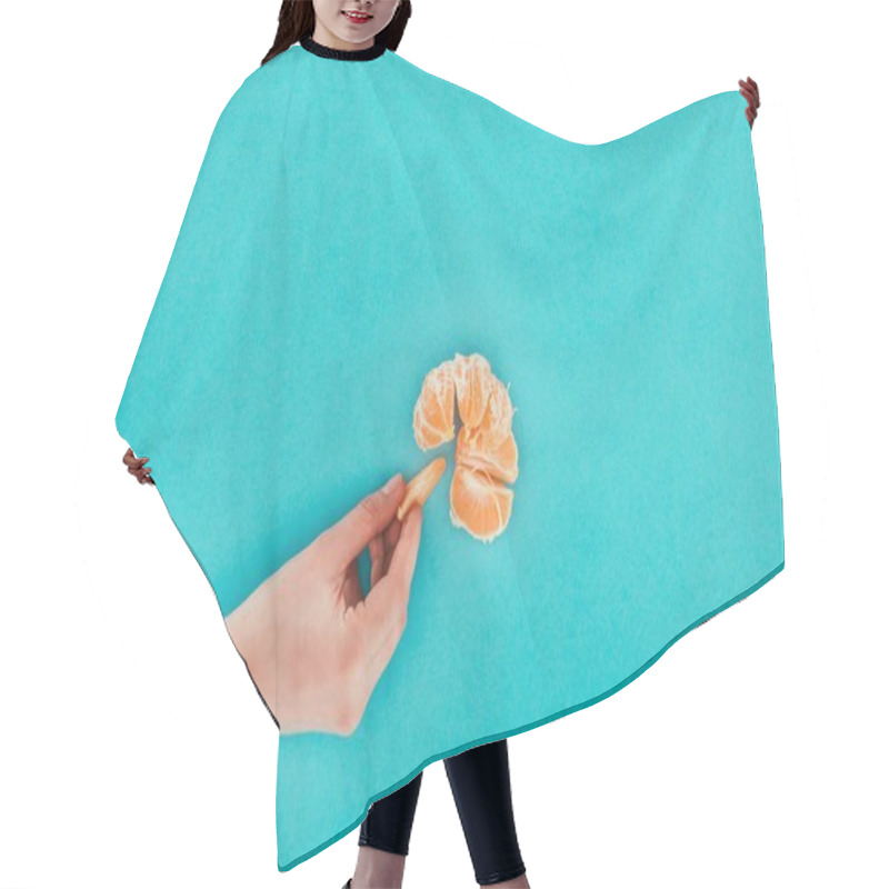 Personality  Partial View Of Female Hand And Tangerine Isolated On Blue Hair Cutting Cape