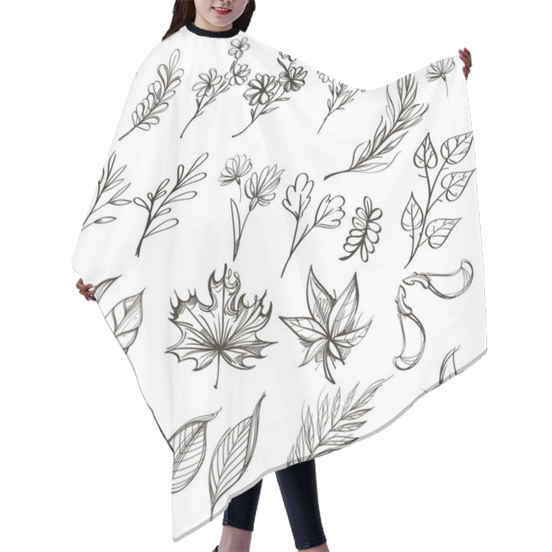 Personality  Set Of Botanical Graphics: Wildflowers, Herbs, Leaves And Branches. Outline Vector Illlustration Isolated On Wild Background. Hair Cutting Cape