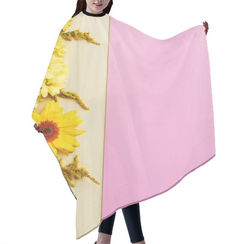 Personality  Top View Fo Beautiful Flowers Arranged On Beige And Pink Backdrop Hair Cutting Cape