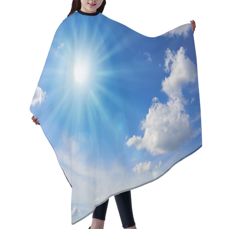 Personality  Blue Sky With Sunbeams And Clouds. Sun Rays. Hair Cutting Cape