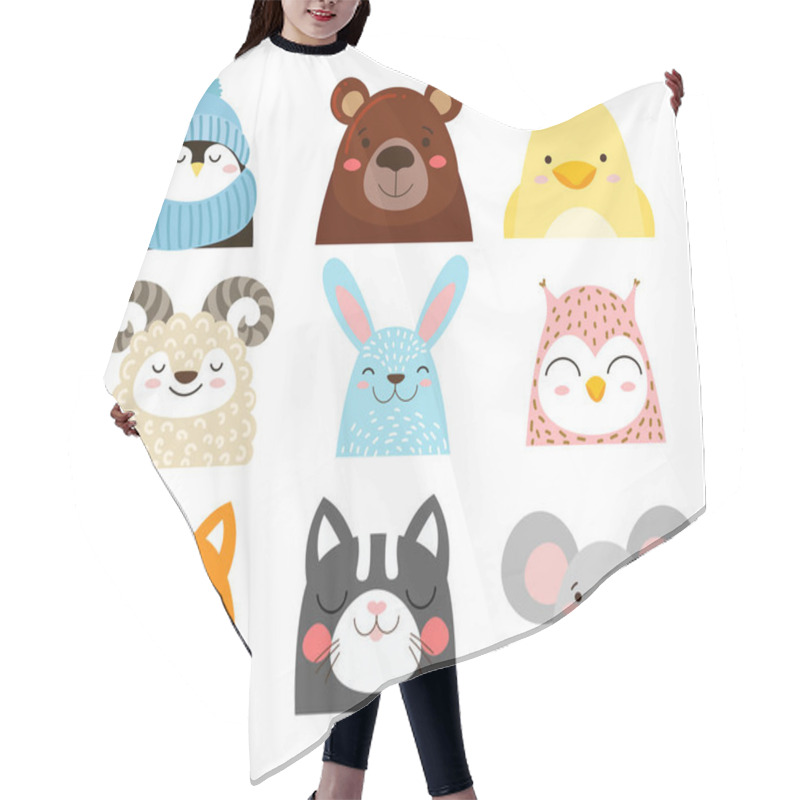 Personality  Set Of Cute Cute Animals. Penguin, Lamb, Rabbit, Chicken, Bear And Others. Hair Cutting Cape