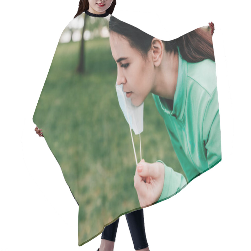 Personality  Side View Of Sportswoman Taking Off Medical Mask In Park  Hair Cutting Cape