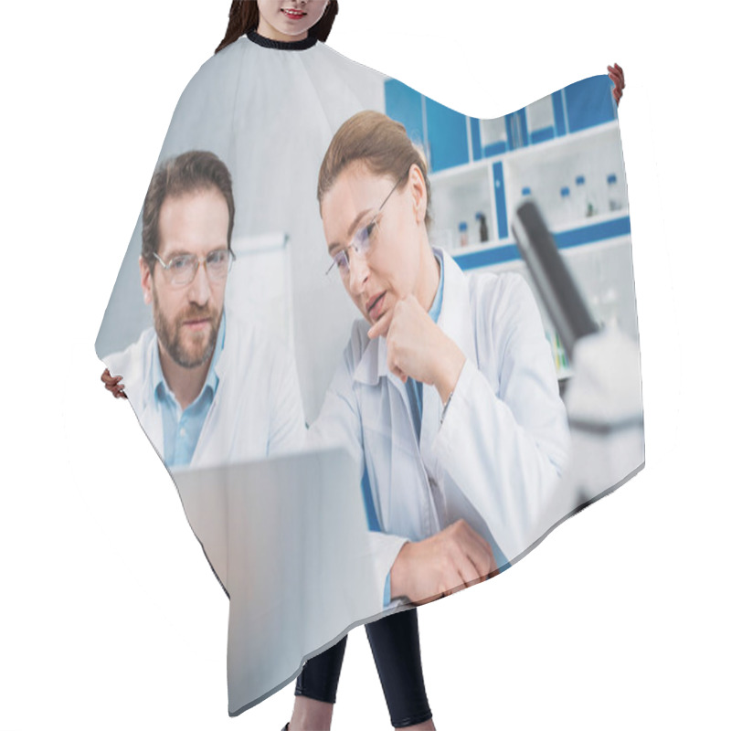 Personality  Portrait Of Scientists In Lab Coats And Eyeglasses Working Together At Workplace With Laptop In Lab Hair Cutting Cape