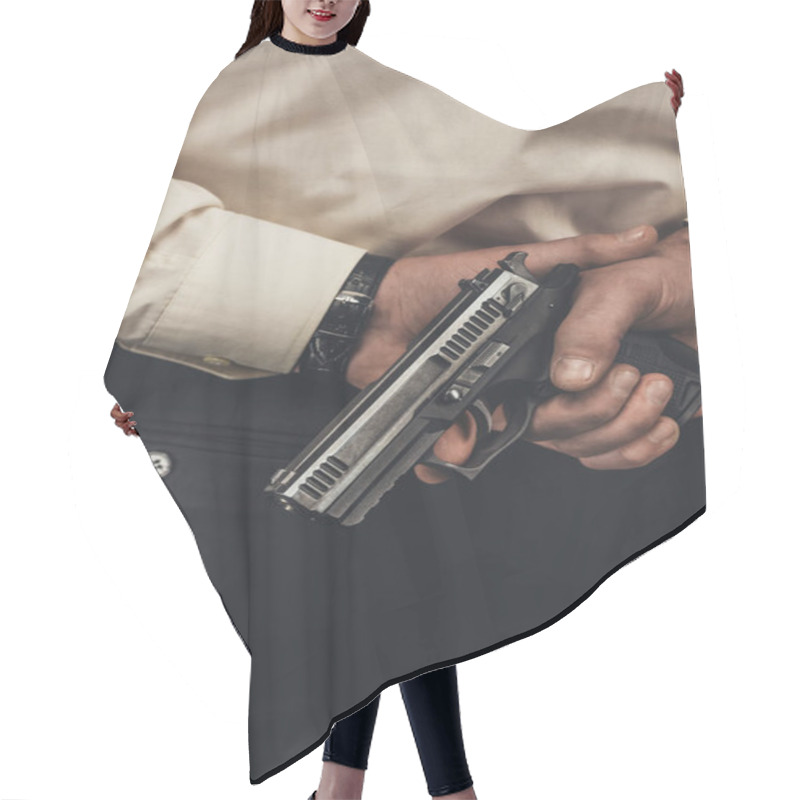 Personality  Cropped Shot Of Man In Shirt Holding Gun Behind Back Hair Cutting Cape