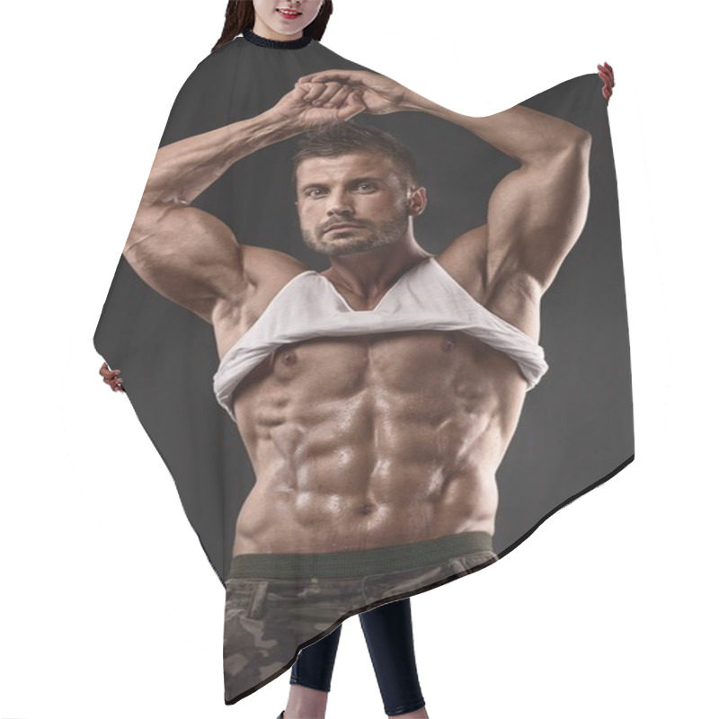 Personality  Portrait Of Strong Athletic Fitness Man  Hair Cutting Cape