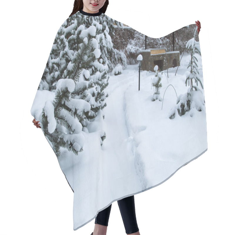 Personality  Snowy Backyard Patio.Winter  Landscape  With Barbeque Area, Snowbanks Of White Snow, Pine Trees In Country Garden. Snowy Garden. Hair Cutting Cape