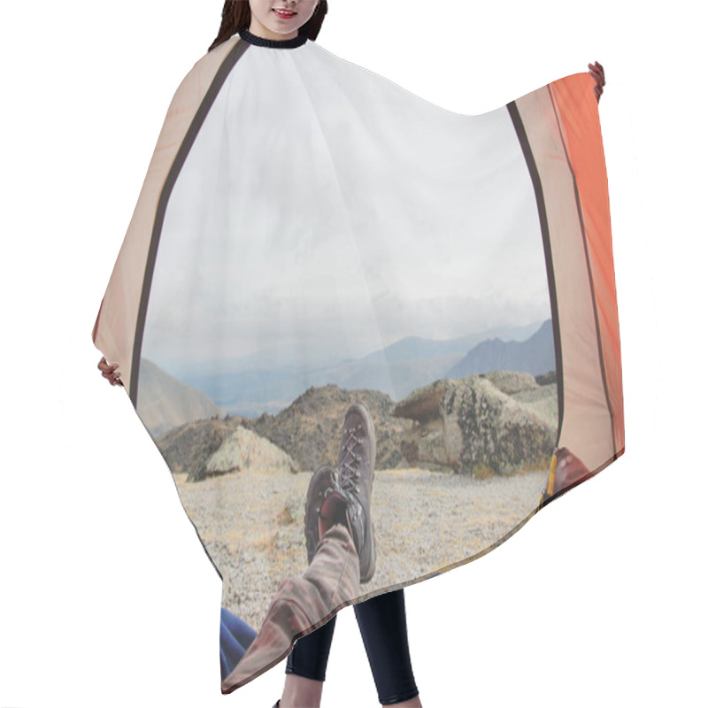 Personality  Legs Of A Man Resting In Boots For Mountain Tracking In Travel Tent Against The Backdrop Of Mountains And Valleys With Noisy Clouds Hair Cutting Cape