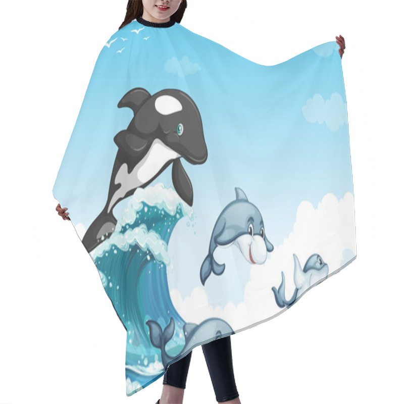 Personality  Dolphines Swimming In The Ocean Hair Cutting Cape