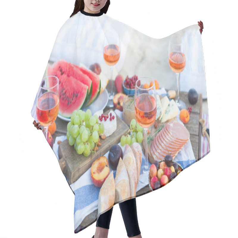 Personality  Picnic On The Beach At Sunset In The Style Of Boho, Food And Dri Hair Cutting Cape