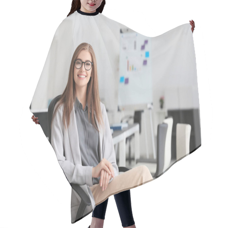 Personality  Young Beautiful Woman In Office Hair Cutting Cape