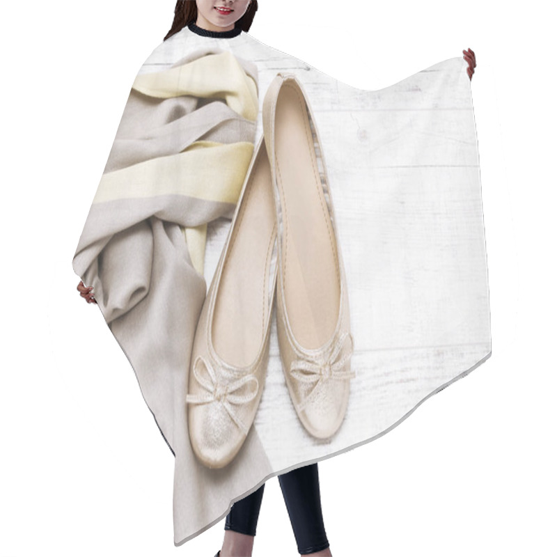 Personality  Ballerina Flats And Soft Scarf On White Wooden Background, Copy Space. Hair Cutting Cape