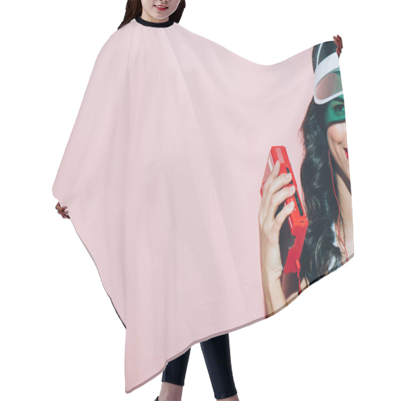 Personality  Partial View Of Smiling Woman With Retro Music Player On Pink Backdrop Hair Cutting Cape