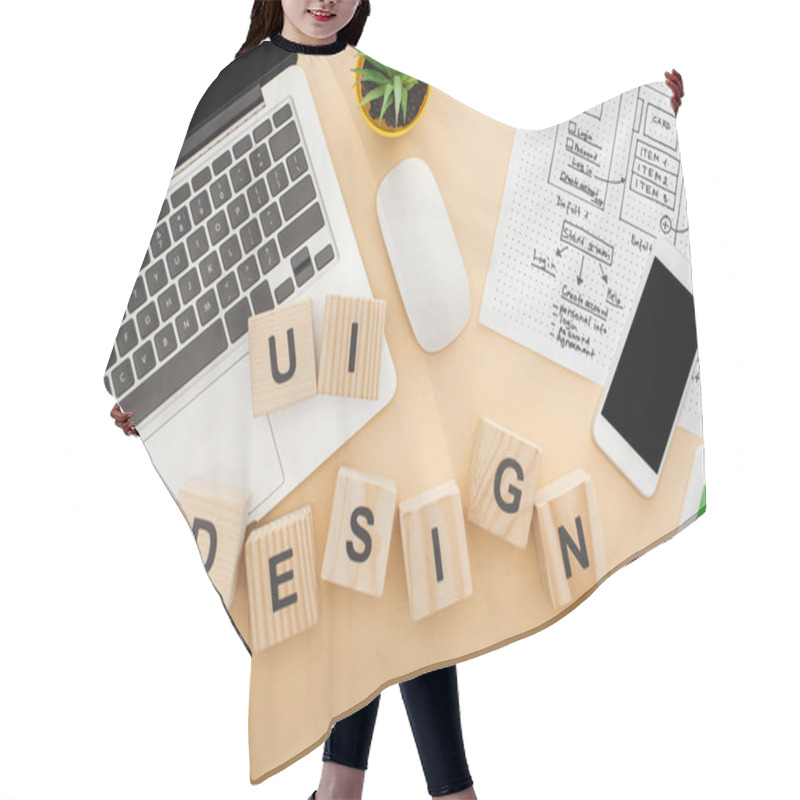 Personality  Top View Of Gadgets Near Wooden Blocks With Ui Design Lettering, Website Design Template And Green Plant On Beige Background Hair Cutting Cape