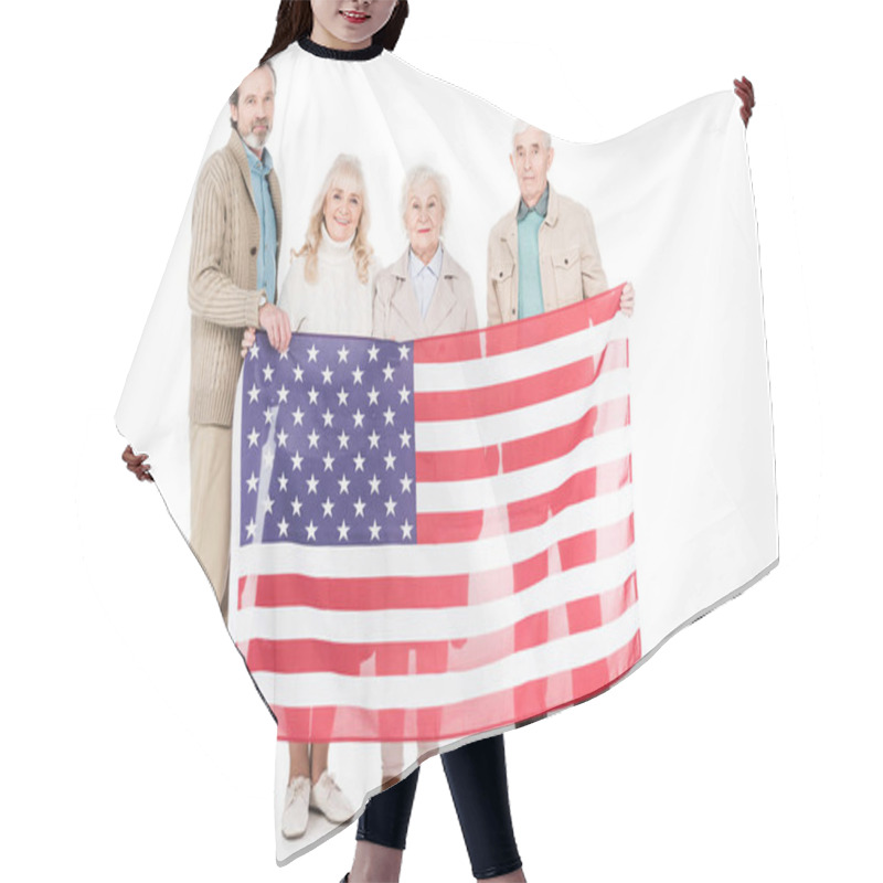 Personality  Cheerful Senior People Holding American Flag Isolated On White Hair Cutting Cape