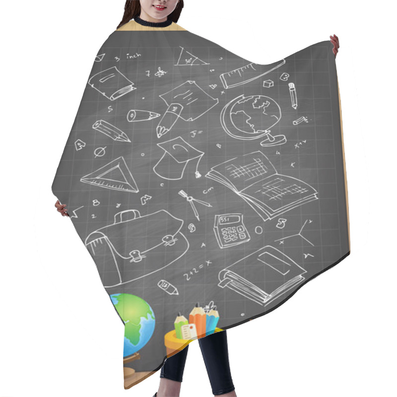 Personality  Hand Drawn Illustration Of School Tools On A Chalkboard Hair Cutting Cape