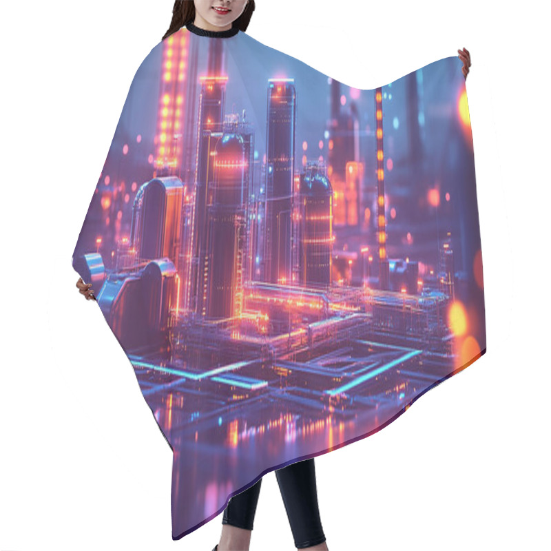 Personality  A Futuristic Image Illustrating The Concept Of A Smart Factory. Advanced Technology Like AI, IoT And Robotics In Manufacturing Processes For Greater Efficiency And Productivity. Hair Cutting Cape