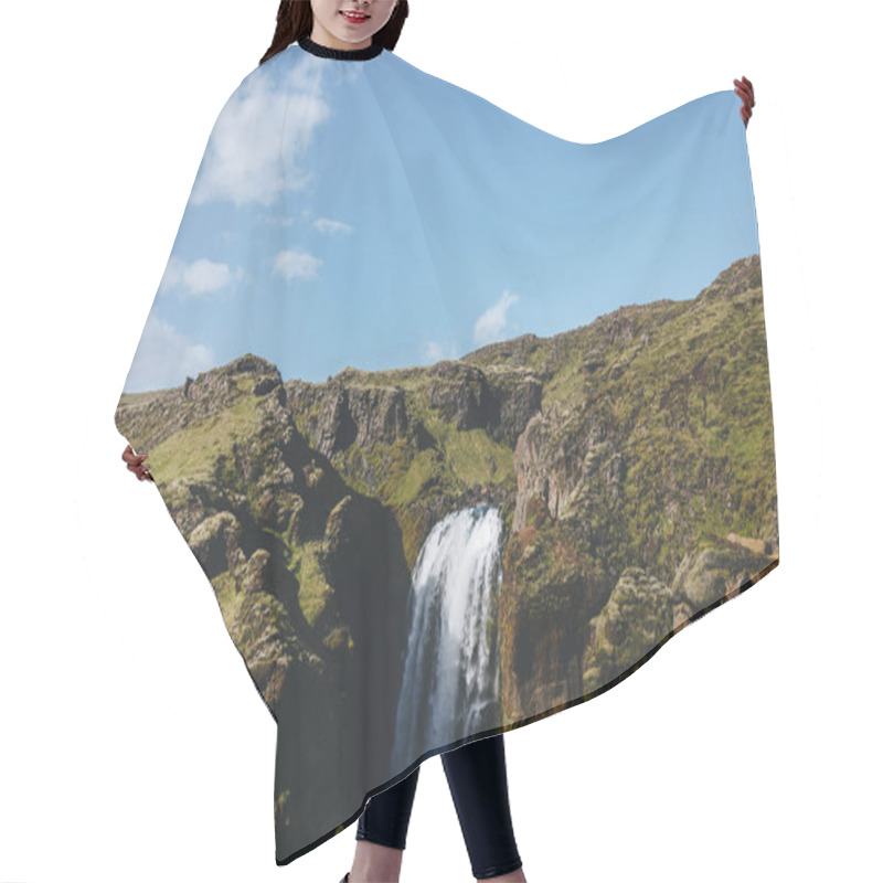 Personality  Aerial View Of Landscape With Skoga River And Mountain Under Bright Blue Sky In Iceland Hair Cutting Cape