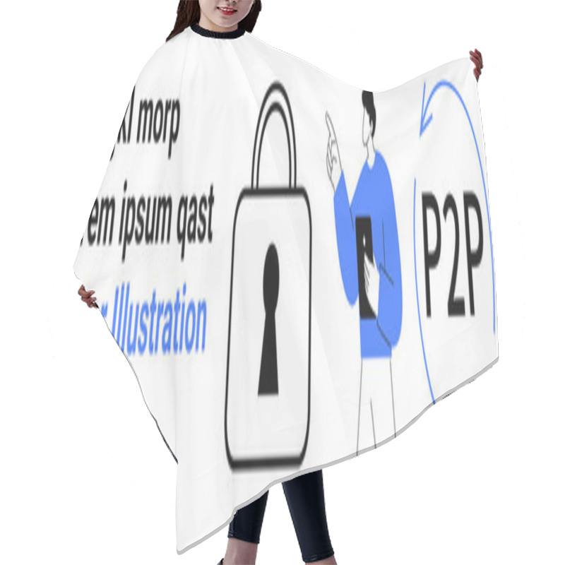 Personality  Person With Tablet, Lock Icon, And P2P Symbol. Ideal For Cybersecurity, Data Protection, Peer-to-peer Networking, Secure Communication, Digital Safety Tech Education Online Privacy. Landing Page Hair Cutting Cape