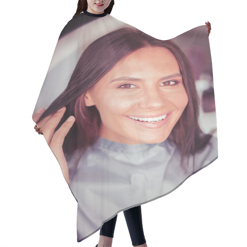 Personality  Cute Brunette Female Person Demonstrating Her Smile Hair Cutting Cape