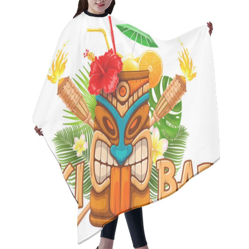 Personality  Signboard Of Tiki Bar With Exotic Cocktail In Mug With Tiki Mask, Bamboo Torch And Tropical Plants. Hawaiian Traditional Elements. Isolated On White Background. Vector Illustration. Hair Cutting Cape