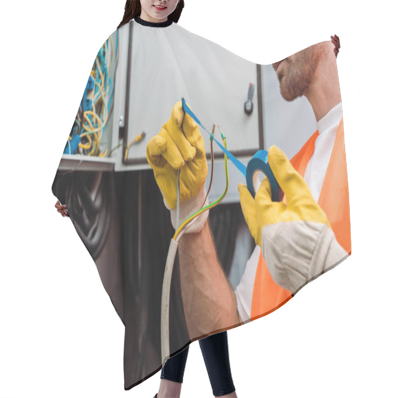 Personality  Cropped View Of Electrician Using Insulating Tape While Fixing Wires Of Electric Panel Hair Cutting Cape